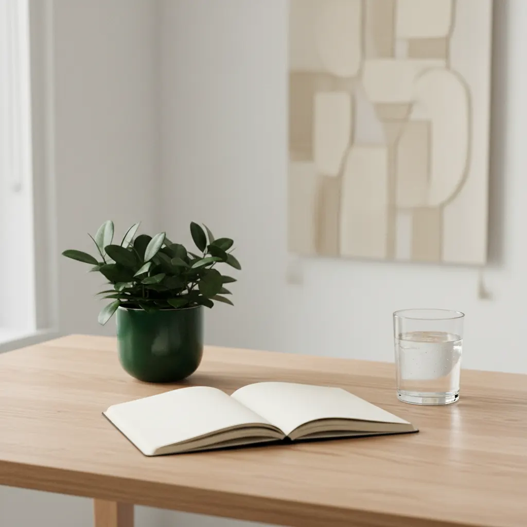 A tidy workspace with a notebook, a small potted plant and a glass of water on a light wooden desk