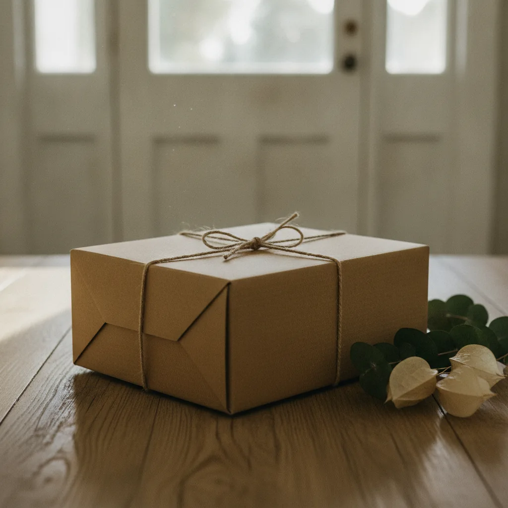 A neat plain brown parcel box on a table near a bright front doorway