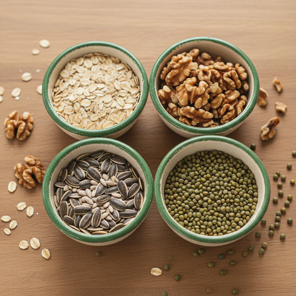 Whole grains, almonds and leafy greens in ceramic bowls on a wooden surface