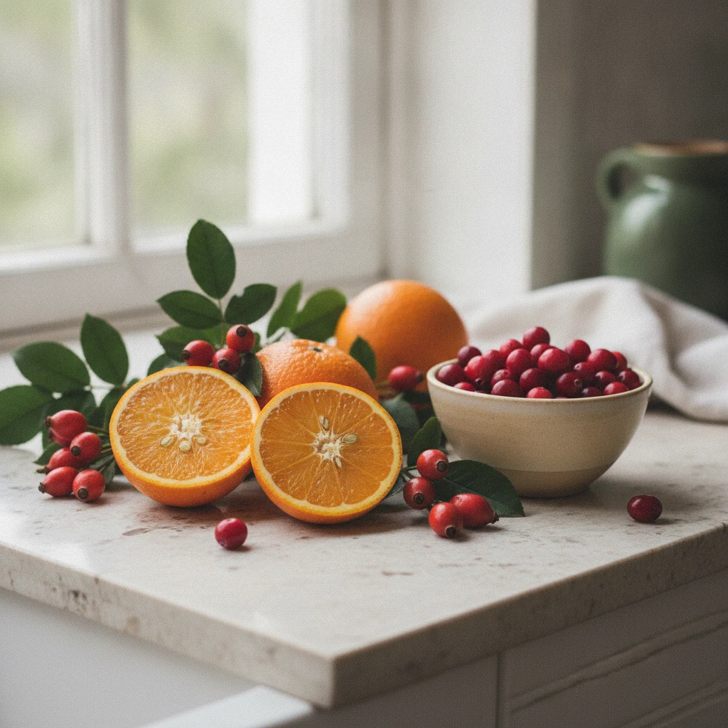 Fresh oranges and rosehips on a light stone kitchen surface