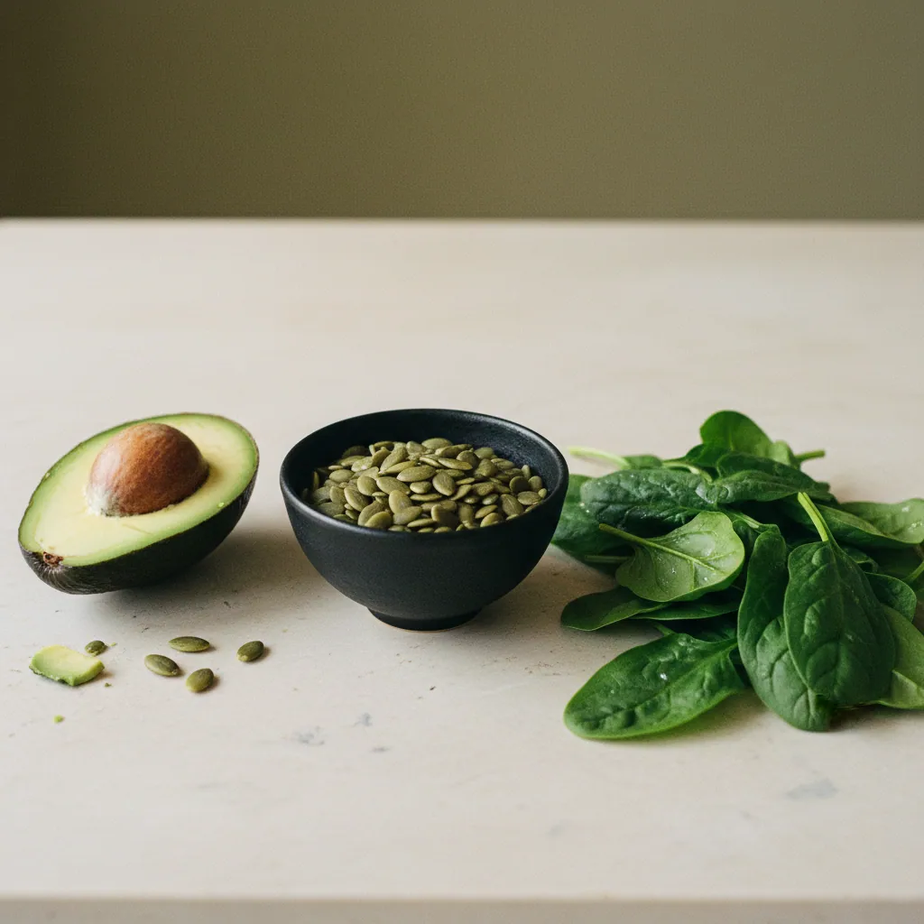 Pumpkin seeds and dark leafy greens in a small ceramic bowl