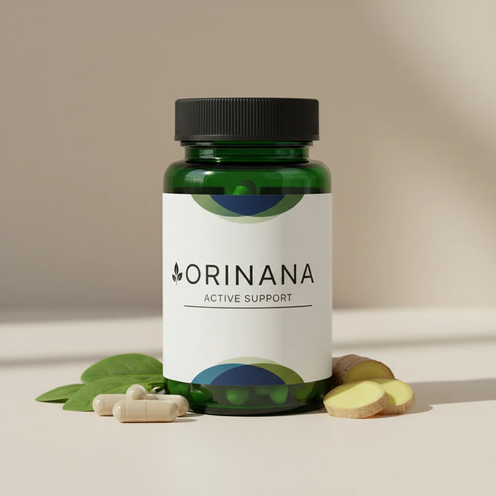 Orinana Active Support dark green glass supplement jar with silver lid and branded label