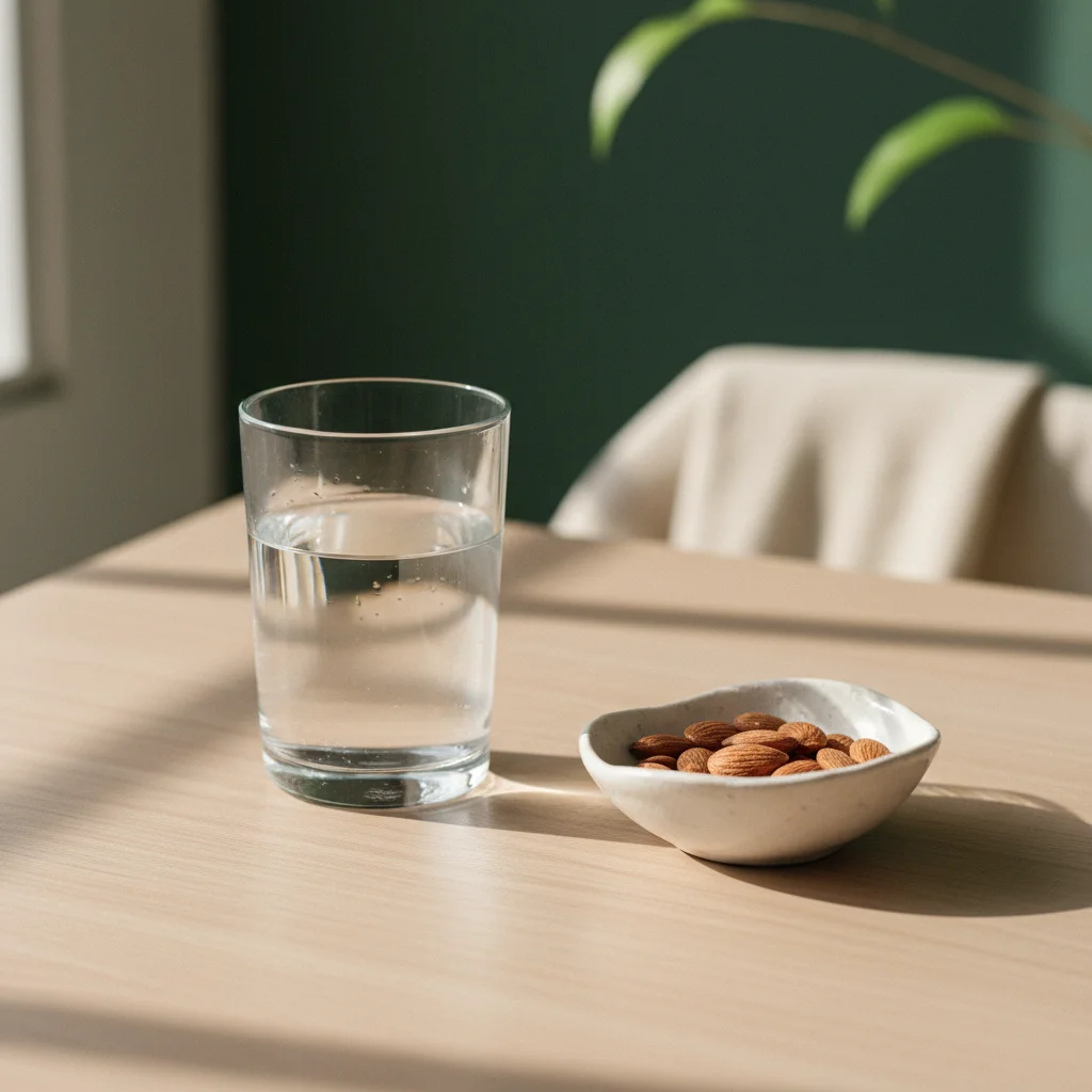 A glass of water and a small bowl of almonds beside a morning window